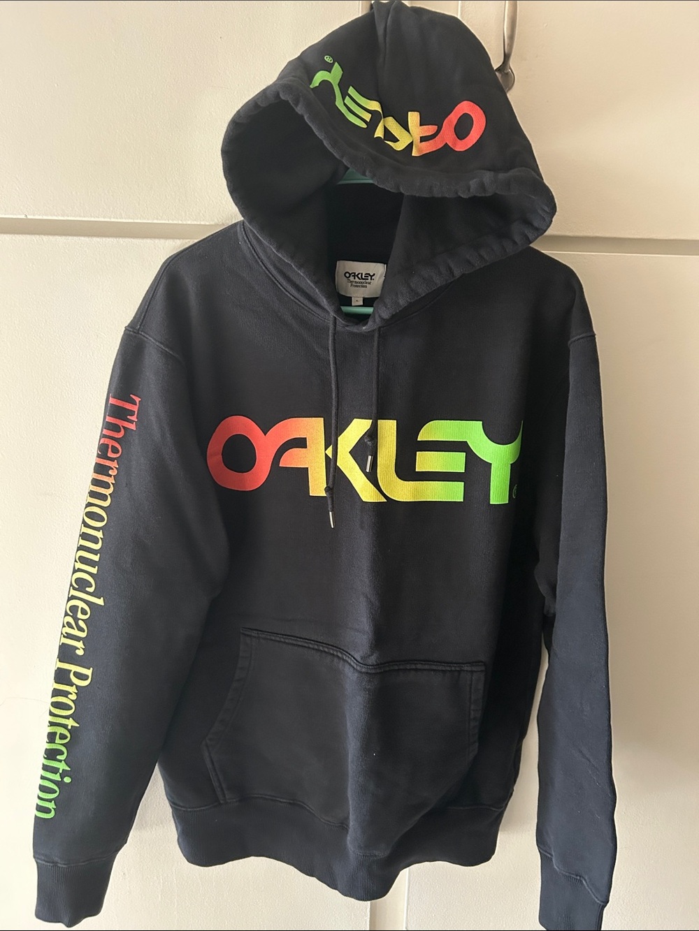 Oakley Black Crewneck Hoodie with Red-Yellow-Green Gradient Logo